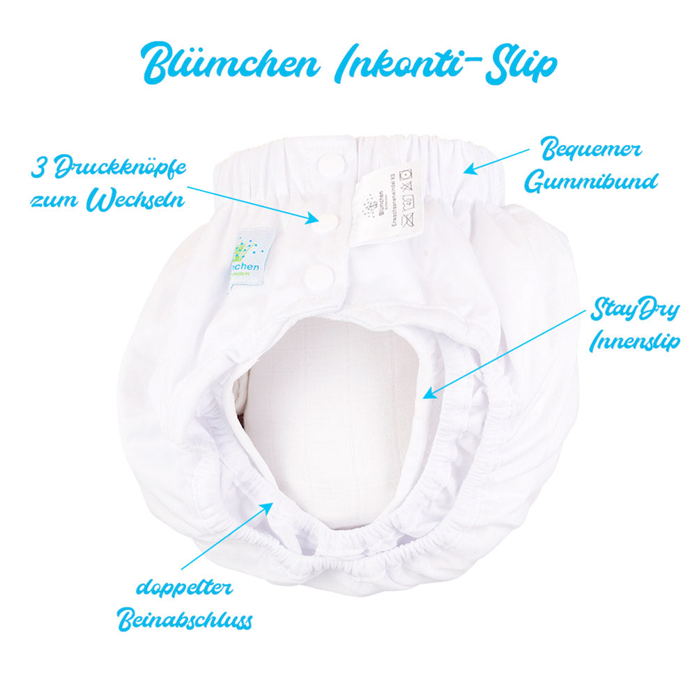 Blümchen - Kinder & Erwachsenen Stoffwindel (Inkontinenzslip mit Druckknöpfen) - Weiß