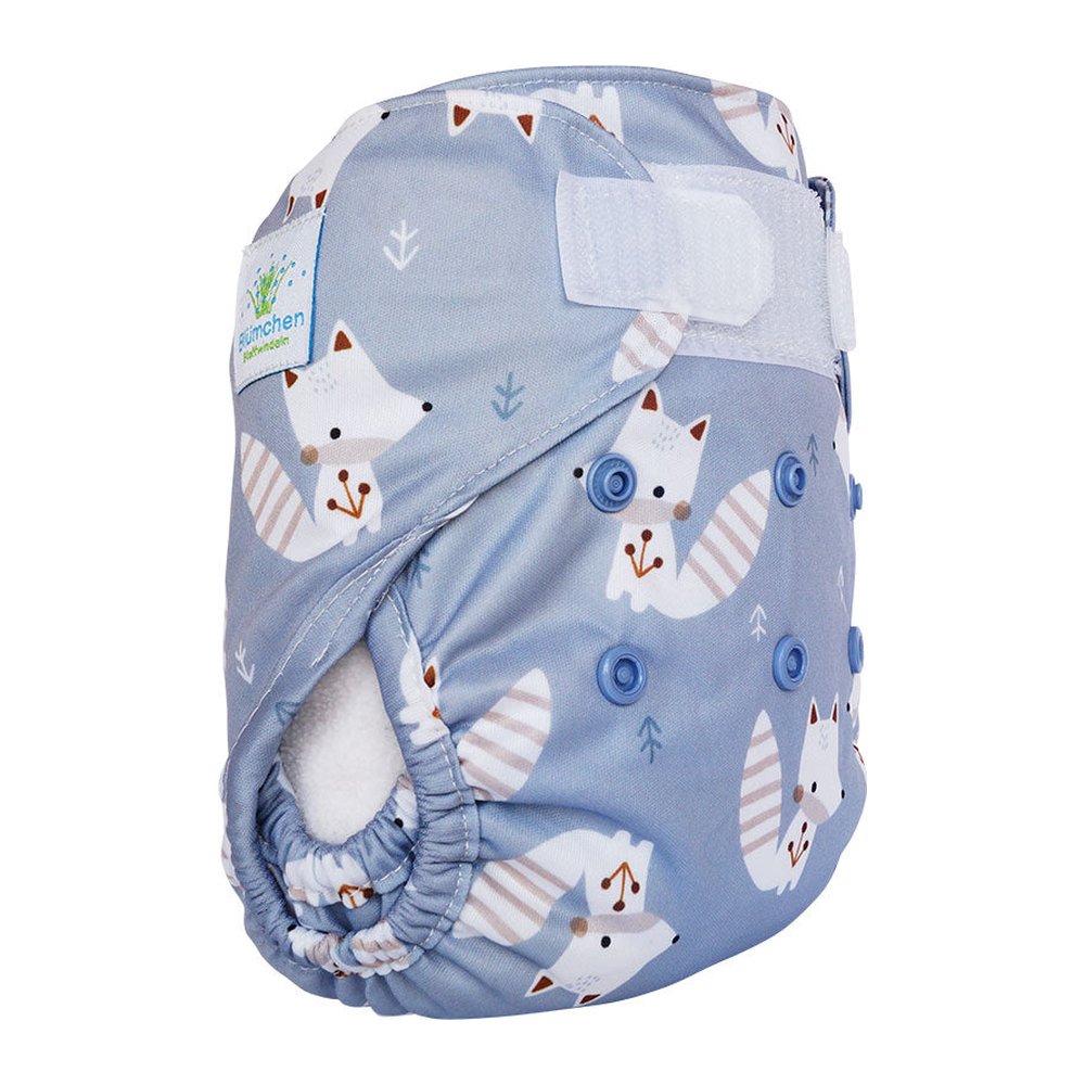 Blümchen Eco Shell 2in1 Newborn mit Klettverschluss, blau mit Fuchsmotiv, Seitenansicht mit Druckknöpfen