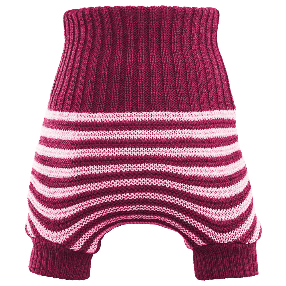 Little Clouds Wollüberhose in Burgund mit rosa Querstreifen, hoher Bund und Beinbündchen, doppelt gestrickt