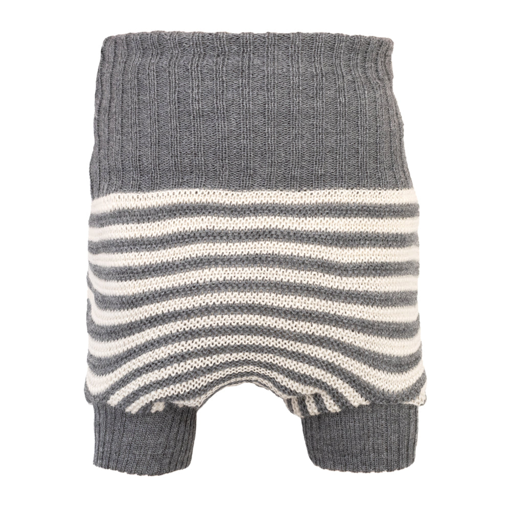 Little Clouds Wollüberhose mit grauem Bund und grau-weißen Querstreifen, Beinbündchen, doppelt gestrickt