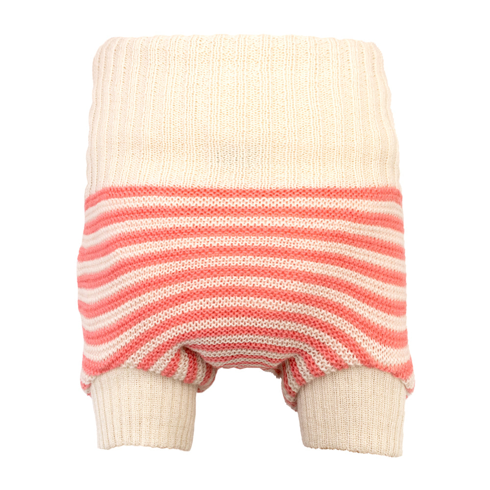 Little Clouds Wollüberhose in Naturweiß mit korallroten Querstreifen, hoher Bund und Beinbündchen, doppelt gestrickt