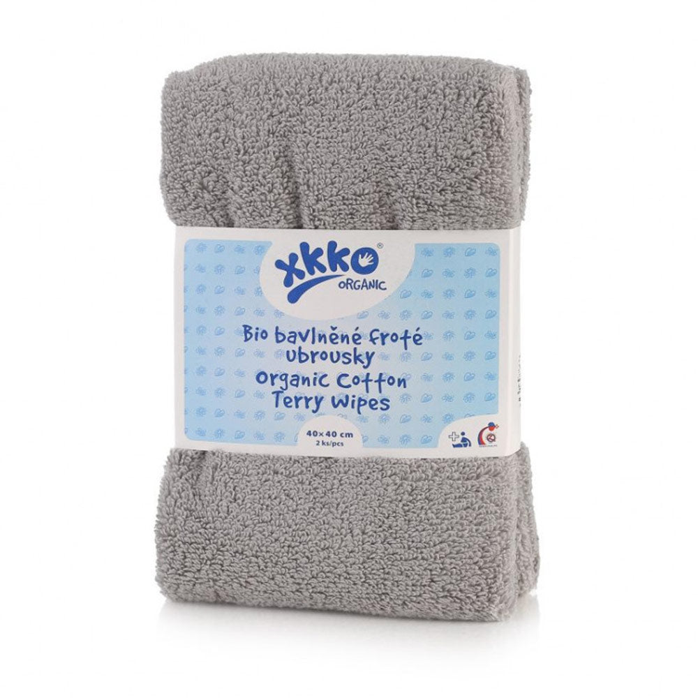 XKKO Bio-Baumwolle-Frotteetücher 40 x 40 cm in Grau, Zweierpack in Originalverpackung