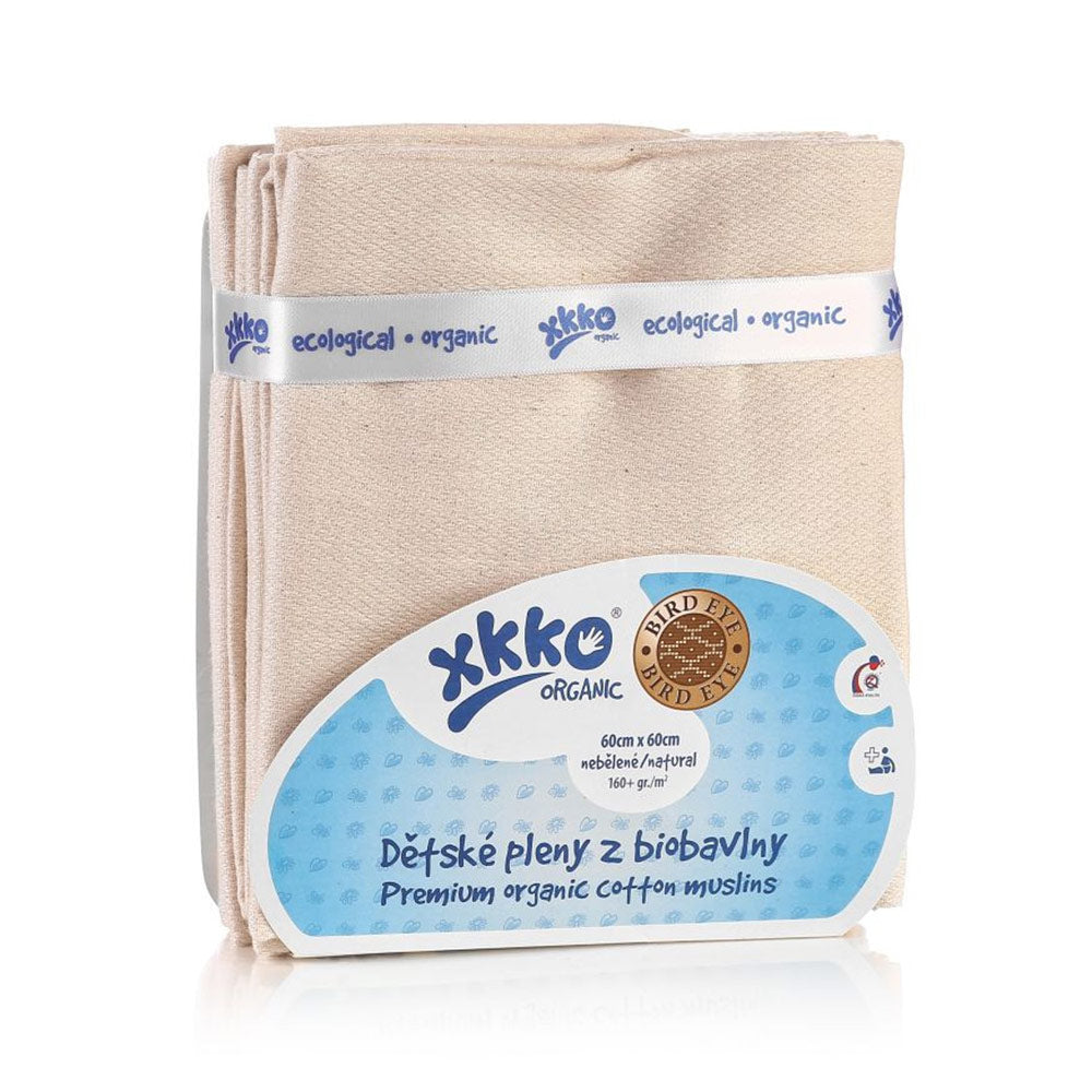 XKKO Bird-Eye-Mullwindeln aus Bio-Baumwolle in Natur, Fünferpack in der Originalverpackung
