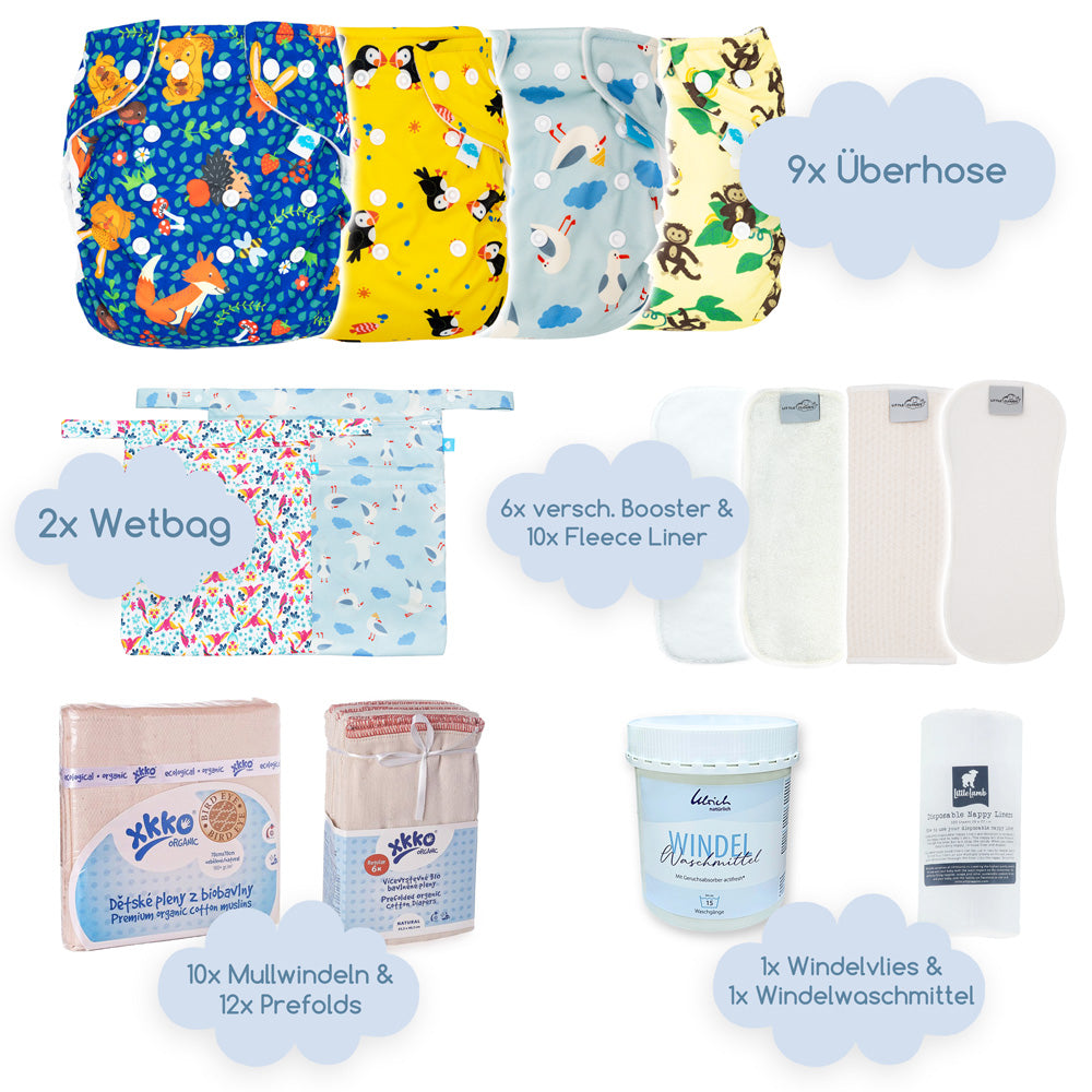 Little Clouds – Stoffwindel Komplettpaket mit Überhosen, Mullwindeln & Prefolds (XL 8-20+ kg)