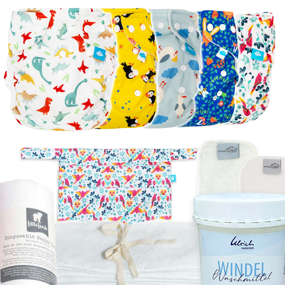 Little Clouds – Stoffwindel Komplettpaket mit Überhosen, Mullwindeln & Prefolds (One Size 4–15 kg)