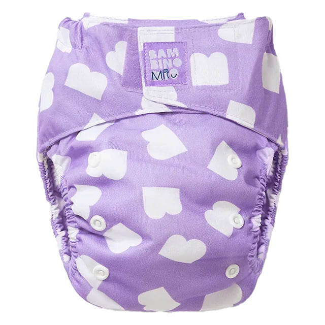 Bambino Mio Revolutionary wiederverwendbare AIO Windel One Size im Design Bam (lila mit weißen Formen)