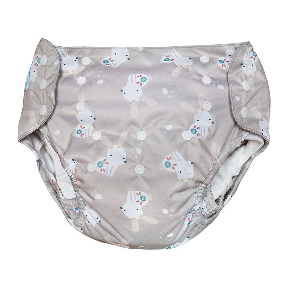 Blümchen Eco Shell 2in1 XL mit Druckknöpfen, grau-beige mit Hasenmuster, Vorderansicht mit Beinbündchen