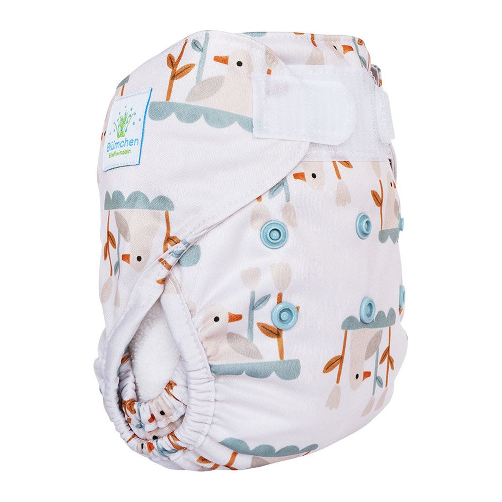 Blümchen Eco Shell 2in1 Newborn mit Klettverschluss im Design Cozy Lakeside, Seitenansicht mit Vögeln auf Hellrosa