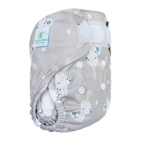 Blümchen Eco Shell 2in1 Newborn mit Klettverschluss, grau mit weißen Hasen, Seitenansicht mit Beinbündchen