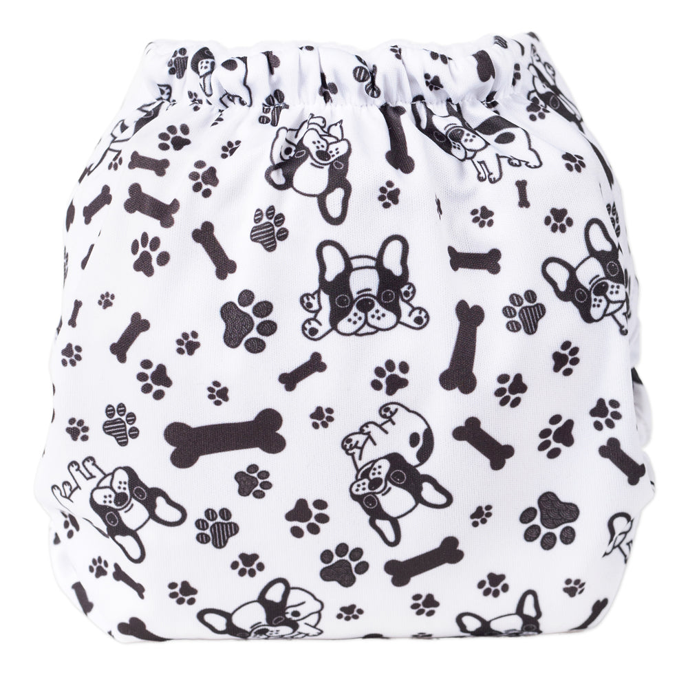 Rückseite der Doodush Überhose V2.0 mit Laschen im Design Bulldog (Hunde)