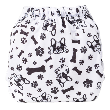 Rückseite der Doodush Überhose V2.0 mit Laschen im Design Bulldog (Hunde)