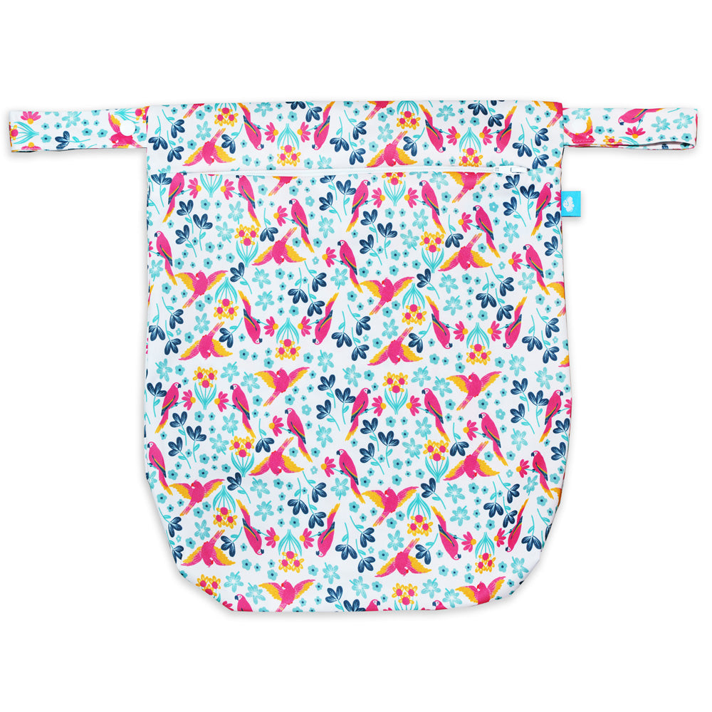 Little Clouds einfache Nasstasche (Wetbag) Größe L im Design Papageien von vorn mit Reißverschluss und Druckknopf-Schlaufe