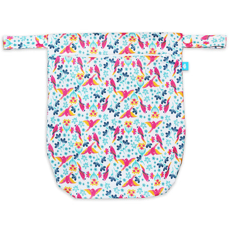 Little Clouds einfache Nasstasche (Wetbag) Größe M im Design Papageien von vorn mit Reißverschluss und Druckknopf-Schlaufe