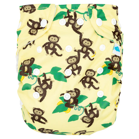 Little Clouds Prefold-Überhose aus PUL im Design Affe von vorn mit Druckknopfleiste zur Größenanpassung
