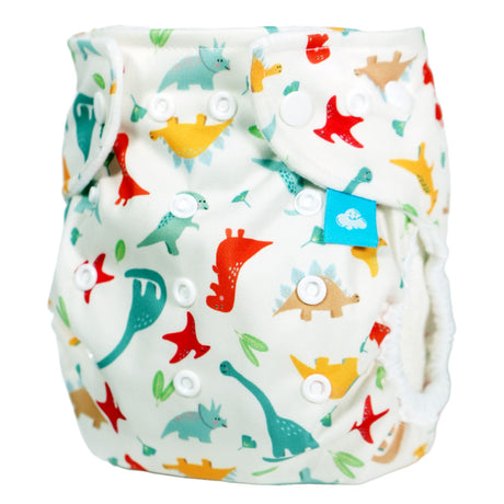 Little Clouds Prefold-Überhose aus PUL im Design Dinosaurier schräg von vorn: bunte Dinosaurier auf weißem Grund