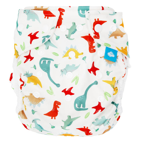 Little Clouds Prefold-Überhose aus PUL im Design Dinosaurier von vorn mit Druckknopfleiste zur Größenanpassung