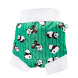 Little Clouds Schlupfhose V2 aus PUL im Design Bambus Panda von vorn: grüner Grund mit Bambus und Pandabären, weißer Bund und Beinbündchen