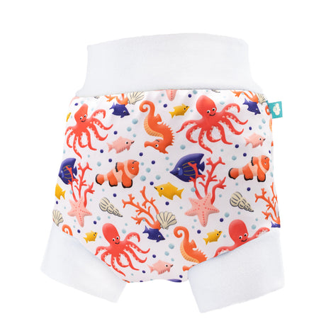 Little Clouds Schlupfhose V2 aus PUL im Design Riff von vorn: weißer Grund mit Kraken, Fischen und Korallen