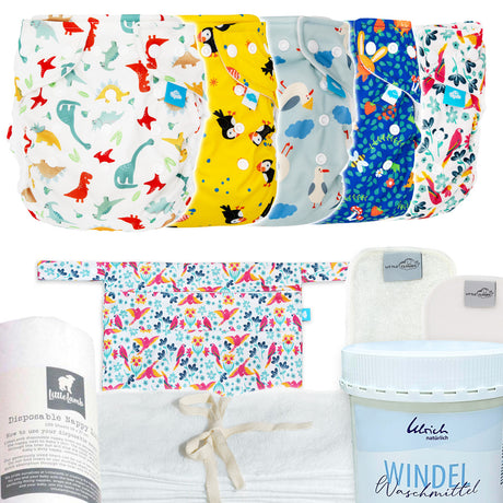 Little Clouds Stoffwindel-Komplettpaket One Size: Überhosen in mehreren Designs, Mullwindeln, Prefolds, Wetbag und Zubehör