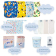 Inhalt des Little Clouds Stoffwindel-Komplettpakets XL mit Beschriftung: Überhosen, Wetbags, Einlagen, Mullwindeln und Windelvlies