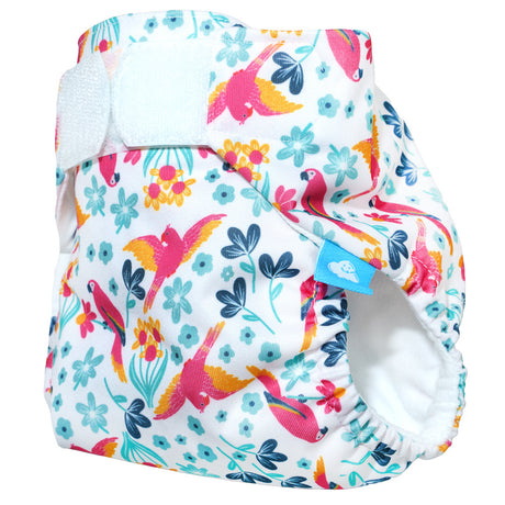Little Clouds SwimCloud Schwimmwindel Größe 1 im Design Papageien schräg von der Seite mit Klettverschluss und Beinbündchen
