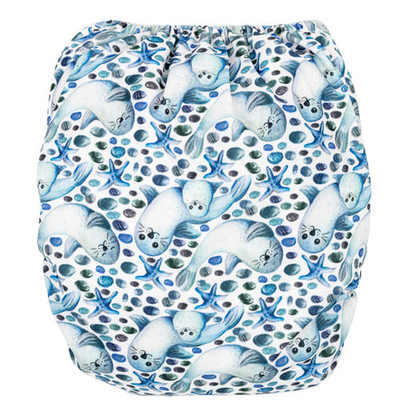 Little Clouds SwimCloud Schwimmwindel Größe 2 im Design Robben von hinten: blaue Robben auf weißem Grund