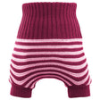 Little Clouds Wollüberhose in Burgund mit rosa Querstreifen, hoher Bund und Beinbündchen, doppelt gestrickt