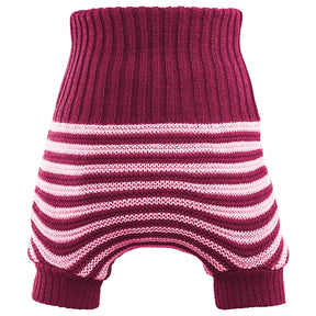 Little Clouds Wollüberhose in Burgund mit rosa Querstreifen, hoher Bund und Beinbündchen, doppelt gestrickt