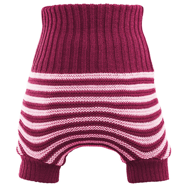Little Clouds Wollüberhose in Burgund mit rosa Querstreifen, hoher Bund und Beinbündchen, doppelt gestrickt