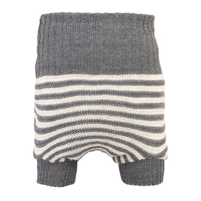 Little Clouds Wollüberhose mit grauem Bund und grau-weißen Querstreifen, Beinbündchen, doppelt gestrickt