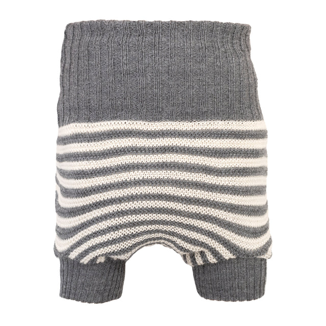 Little Clouds Wollüberhose mit grauem Bund und grau-weißen Querstreifen, Beinbündchen, doppelt gestrickt