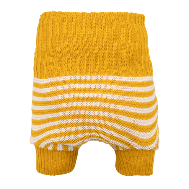 Little Clouds Wollüberhose in Kurkumagelb mit naturweißen Querstreifen, hoher Bund und Beinbündchen, doppelt gestrickt