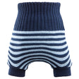 Little Clouds Wollüberhose in Marineblau mit hellblauen Querstreifen, hoher Bund und Beinbündchen, doppelt gestrickt