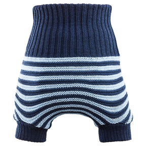 Little Clouds Wollüberhose in Marineblau mit hellblauen Querstreifen, hoher Bund und Beinbündchen, doppelt gestrickt