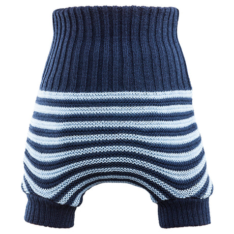 Little Clouds Wollüberhose in Marineblau mit hellblauen Querstreifen, hoher Bund und Beinbündchen, doppelt gestrickt