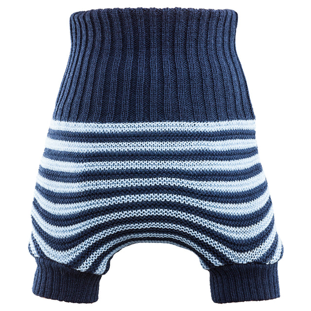Little Clouds Wollüberhose in Marineblau mit hellblauen Querstreifen, hoher Bund und Beinbündchen, doppelt gestrickt