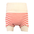 Little Clouds Wollüberhose in Naturweiß mit korallroten Querstreifen, hoher Bund und Beinbündchen, doppelt gestrickt