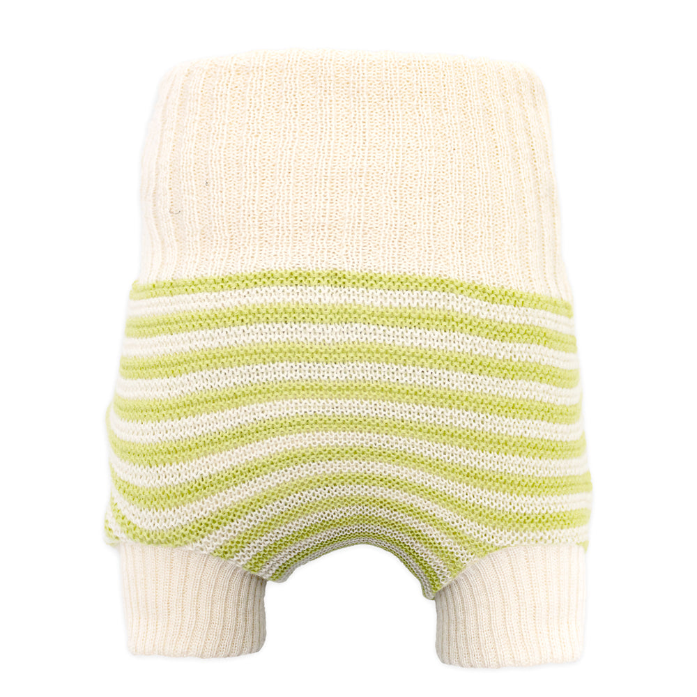 Little Clouds Wollüberhose in Naturweiß mit hellgrünen Querstreifen, hoher Bund und Beinbündchen, doppelt gestrickt