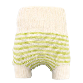 Little Clouds Wollüberhose in Naturweiß mit hellgrünen Querstreifen, hoher Bund und Beinbündchen, doppelt gestrickt