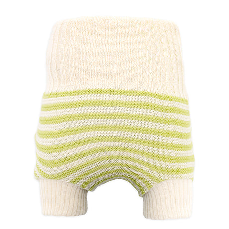 Little Clouds Wollüberhose in Naturweiß mit hellgrünen Querstreifen, hoher Bund und Beinbündchen, doppelt gestrickt