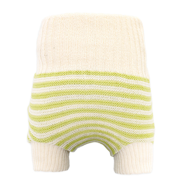 Little Clouds Wollüberhose in Naturweiß mit hellgrünen Querstreifen, hoher Bund und Beinbündchen, doppelt gestrickt