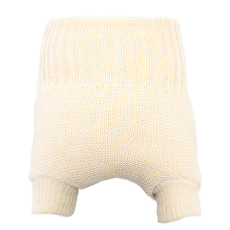 Little Clouds Wollüberhose in Naturweiß, einfarbig, hoher Bund und Beinbündchen, doppelt gestrickt