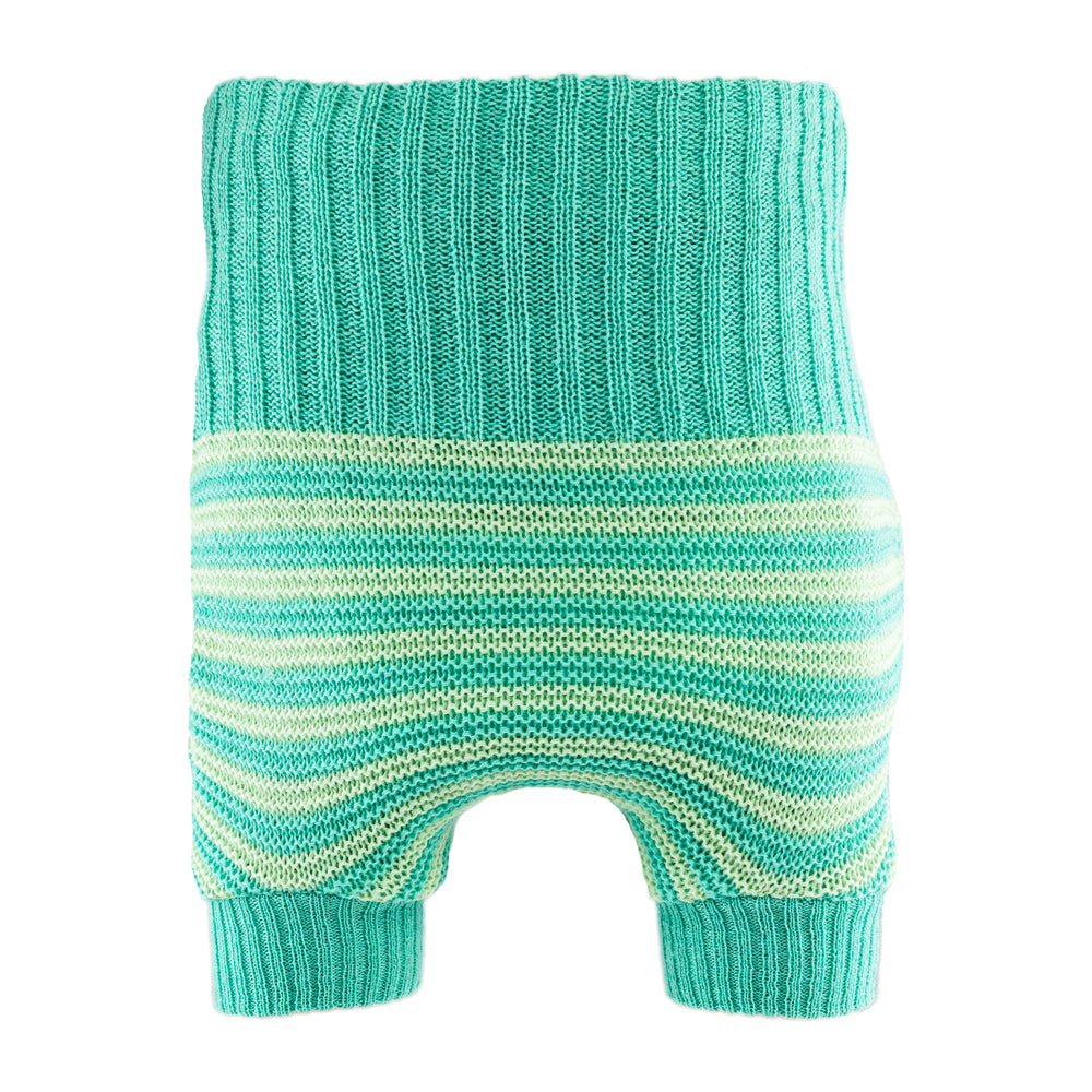 Little Clouds Wollüberhose in Türkis mit hellen Aqua-Querstreifen, hoher Bund und Beinbündchen, doppelt gestrickt