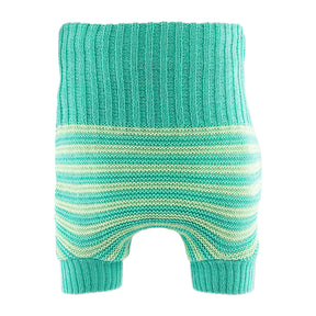 Little Clouds Wollüberhose in Türkis mit hellen Aqua-Querstreifen, hoher Bund und Beinbündchen, doppelt gestrickt