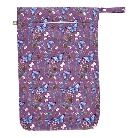 Little Lamb Hanging Nappy Pail XL im Design Butterfly Ballad mit Schmetterlingen auf Violett, von vorn mit Reißverschluss und Schlaufe