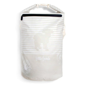 Little Lamb Nappy Pail 60 x 44 cm stehend, weiß-grau gestreifter Wäschesack mit schwarzem Reißverschluss
