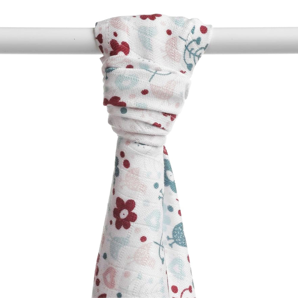 XKKO BMB Bambus-Mulltuch Flowers & Birds mit roten und pinken Blumen, Variante für Mädchen
