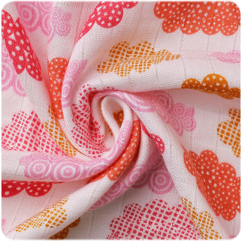 XKKO BMB Musselintuch aus Bambusviskose im Design Orange Heaven mit Wolken in Pink und Orange