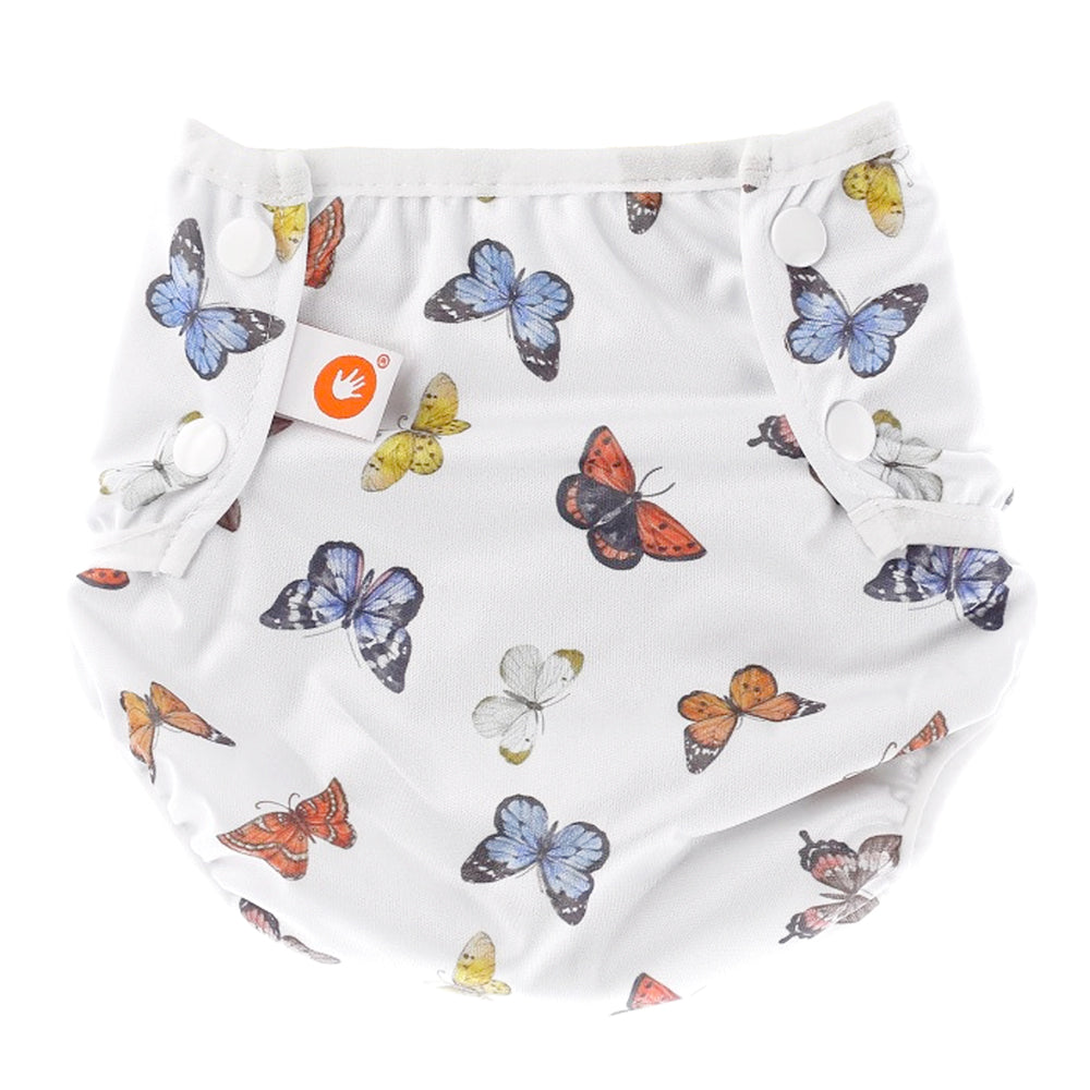 XKKO waschbare Schwimmwindel One Size (4–15 kg) im Design Butterflies (Schmetterlinge) von vorn mit Druckknöpfen