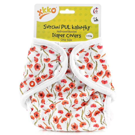 XKKO PUL-Überhose One Size (4–15 kg) im Design Rote Mohnblumen von vorn, mit Druckknöpfen und doppelten Beinbündchen